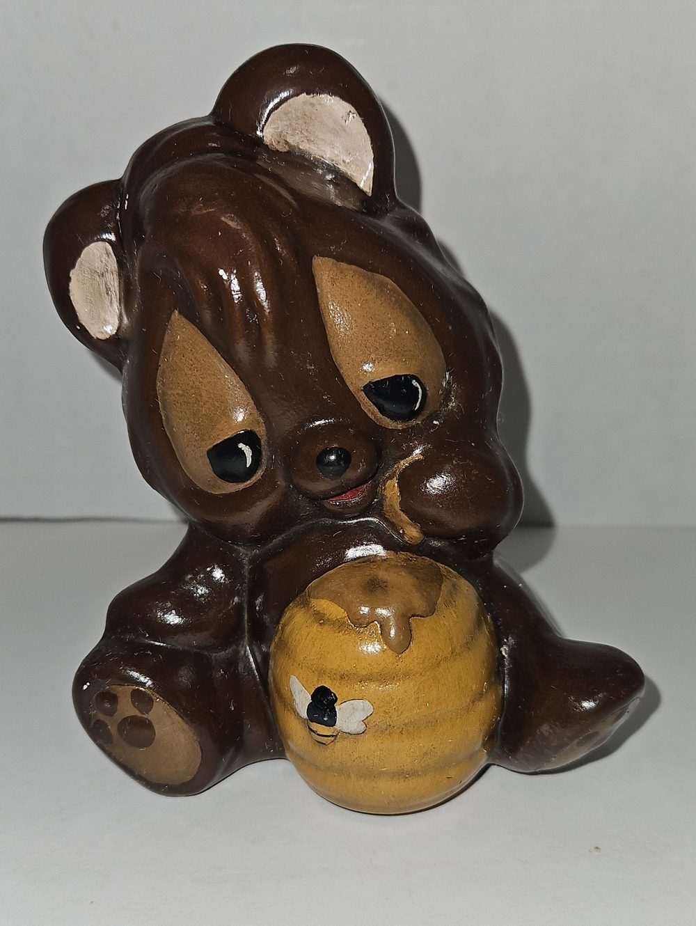 Vintage 6" Brown Bear Figurine Holding Honey Pot 1974